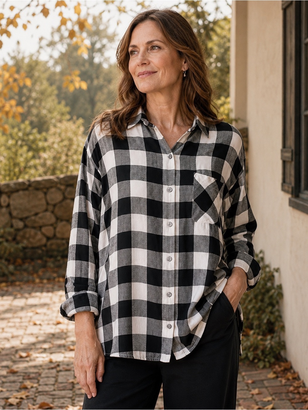 J Jill Womens Top Sz Medium Black White Buffalo Plaid Button Up Shirt Cabincore